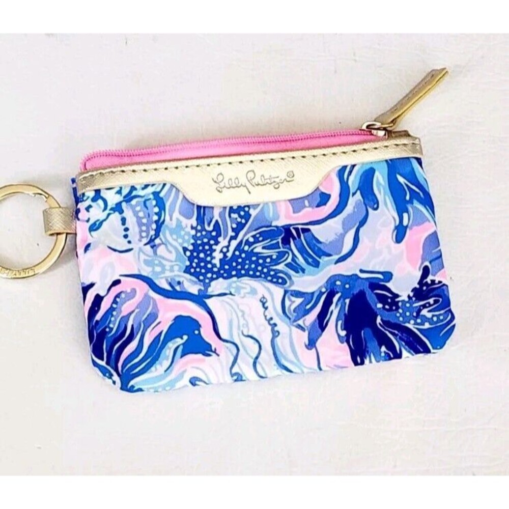 Lilly Pulitzer Wallet Pink Blue Zip ID Case Gold Tone Keychain Card Holder